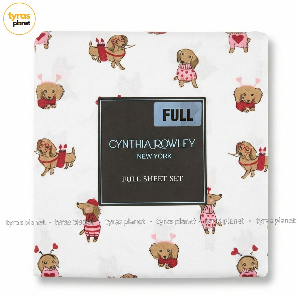 Cynthia Rowley Full Sheet Set Valentine's Day Dachshund Dog Hearts White NEW